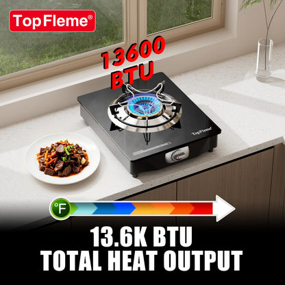 TopFleme 1 Burner Propane Stove 13,600 BTU High-Efficiency Tempered Glass Auto-Ignition Gas Burner Stove Top with CSA Hose for Outdoor RV Camping Emergency Cooking