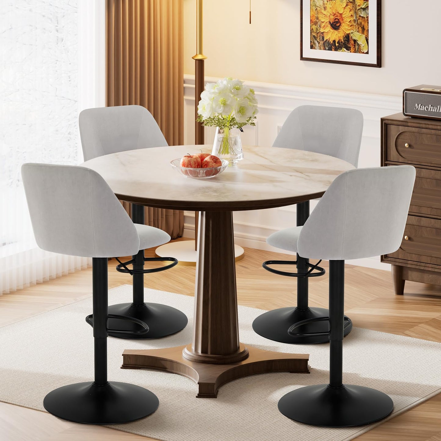 COLAMY Bar Stools Set of 4, Modern Swivel Bar Chairs, Adjustable Upholstered Barstools Counter Height with Full Backrest for Bar, Dining Room, Kitchen Island, Grey