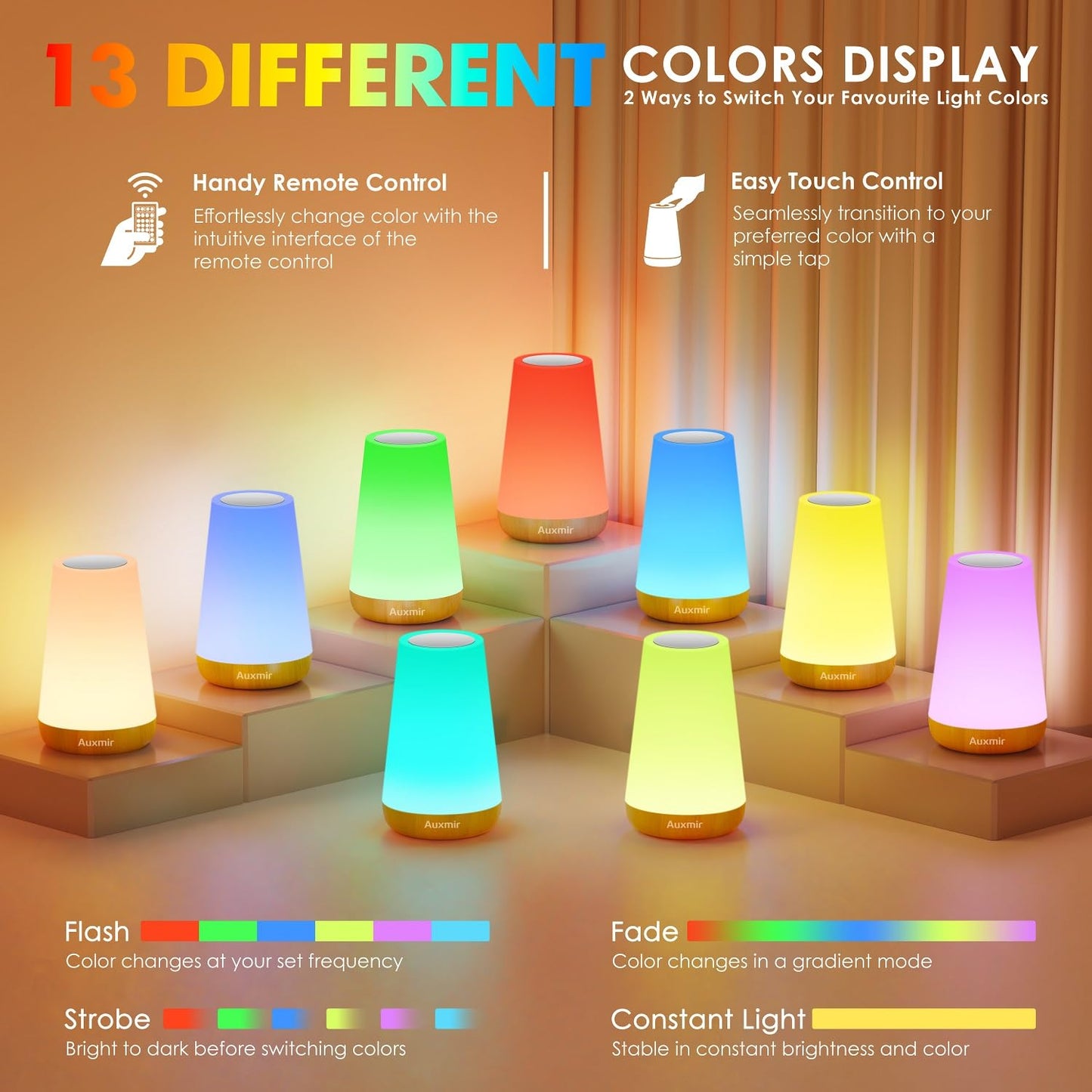 Auxmir LED Night Light Bedside Lamp Touch and Remote Control Dimmable Tabletop 13 RGB Colors Changing 5 Brightness Adjustable Rechargeable Portable Lamp for Baby Kids Nursery Bedroom Bathroom Camping