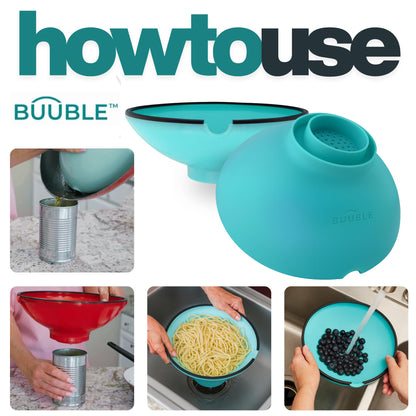BUUBLE Ultimate Grease Drainer & Food Strainer (Aqua) Premium Heat-Resistant Silicone Colander for Bacon, Ground Beef, Pasta & Veggies; Fits Pans, Cans & Jars; Dishwasher Safe