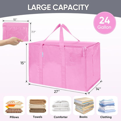 TICONN Extra Large Moving Bags - Heavy Duty Storage with Zippers & Handles | 6 Pack, Pink