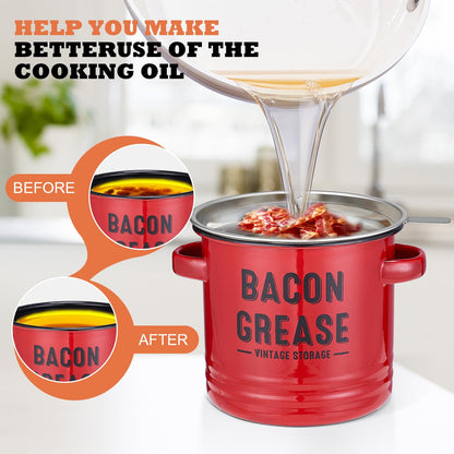 ONEARF Bacon Grease Container with Strainer - Large 46OZ Red Kitchen Oil Storage Can, Food Saver Bin with Lid | Farmhouse Cooking Pot Keeper Collector, Dishwasher Safe - Red