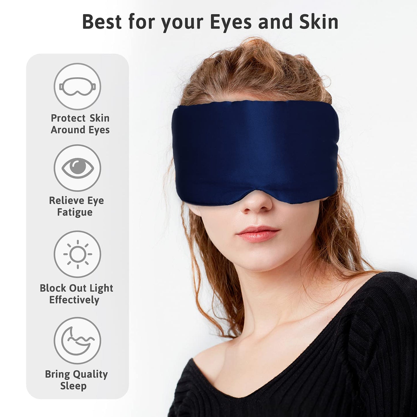 Silk Sleep Mask for Women Men, Mulberry Silk Eye Sleeping Mask & Blindfold with Adjustable Velcro Strap, Blackout Eye Cover for Sleep Travel Yoga Nap, Large Size, Black