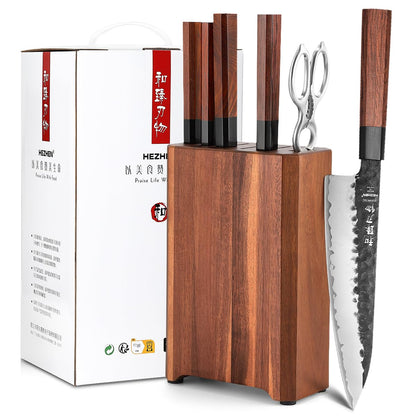 HEZHEN Knife Block Set, 7 Piece Chef Knife Set with Block&Siccor, 3 Layers Clad Steel Kitchen Knife, Kitchen Scissors Acacia Wood Knife Block, Room-saving, Gift Ready Set