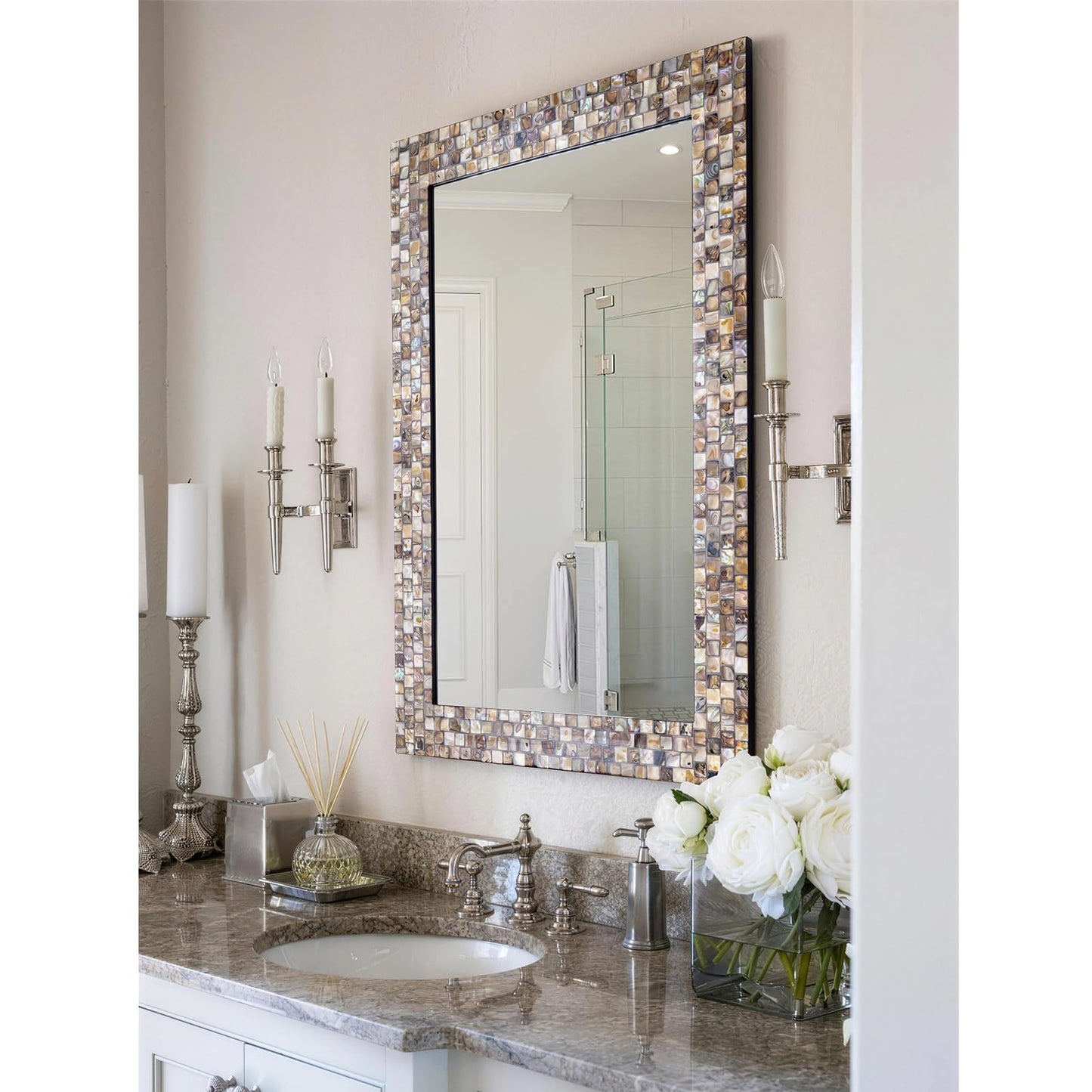 Large 36''x24'' Bathroom Mirror with Mosaic Frame, Modern Decorative Mirror with Handcrafted Mother of Pearl, Rectangular Wall Mounted Mirror for Entryway, Living Room, Fireplace Coastal Style