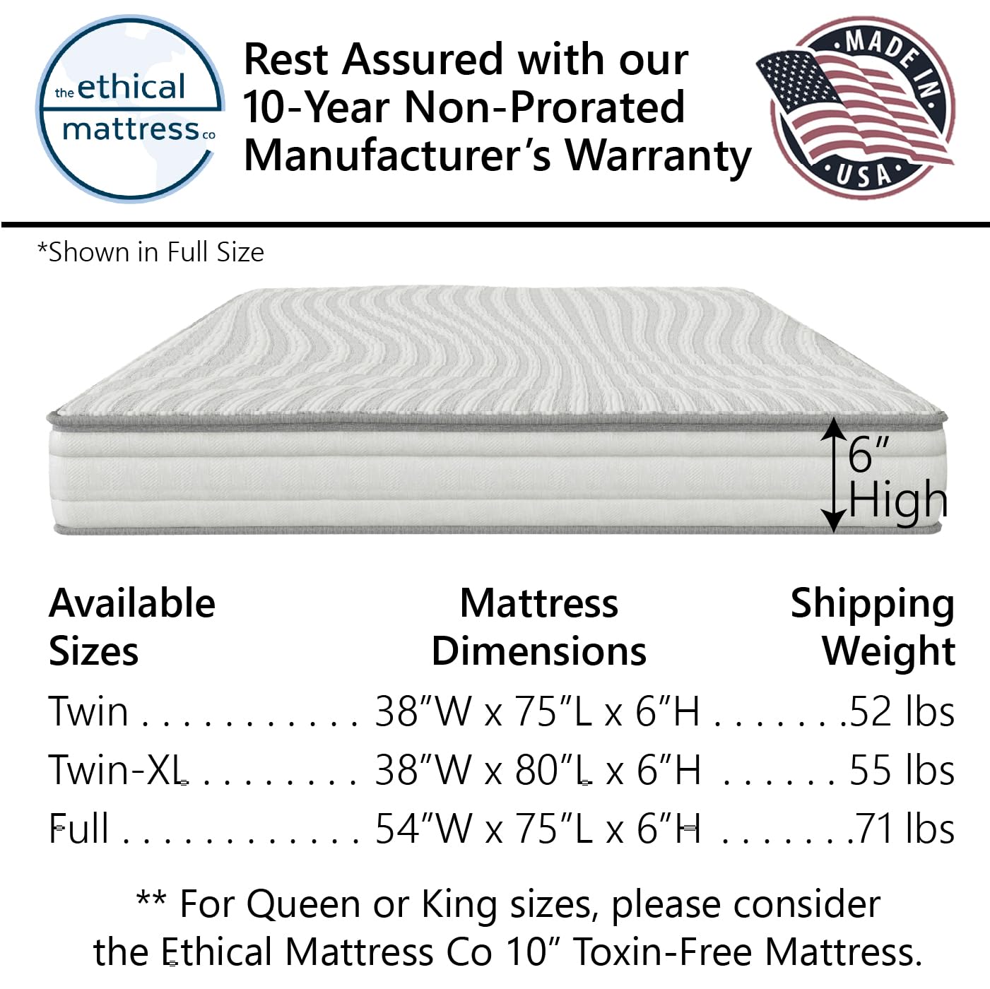 Ethical Mattress CO 6" Kid’s Mattress, Toxin-Free, Made in the USA with Organic Cotton, Wool, Latex & Pocketed Coils (Bed-in-a-Box); Perfect for bunk beds, trundles & Platform beds - Twin Size
