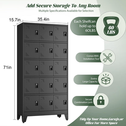 Lusiwry Metal Lockers for Employees-15 Doors Storage Locker with Shelves and Lockable Steel Cabinet for School,Gym,Office,Staff,Assembly Required,Black
