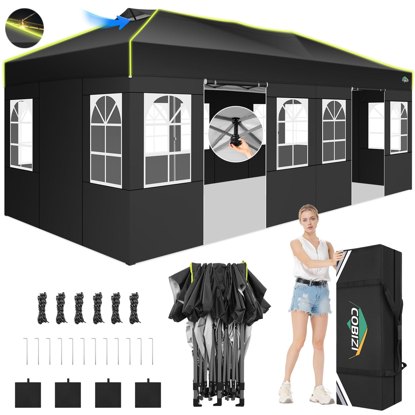 COBIZI 10x20 Pop Up Canopy Tent, Outdoor Party Tent with 6 Sidewall One Push Setup Glow, 3 Adjustable Height Air Vent Waterproof UPF50+, Bag, 4 Sandbag, 6 Stake, 12 Rope for Beach, Commercial