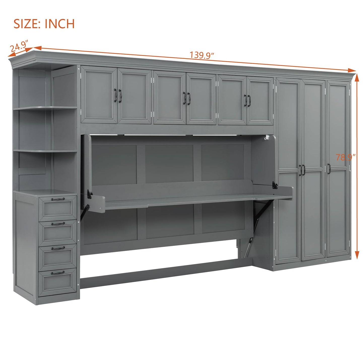 DNYN Murphy Bed with Top Cabinets and Wardrobe, Space-Saving Foldable Wall Bed Frame with Storage Drawers/Shelves/Desk for Bedroom Guest/Study Room, No Box Spring Needed