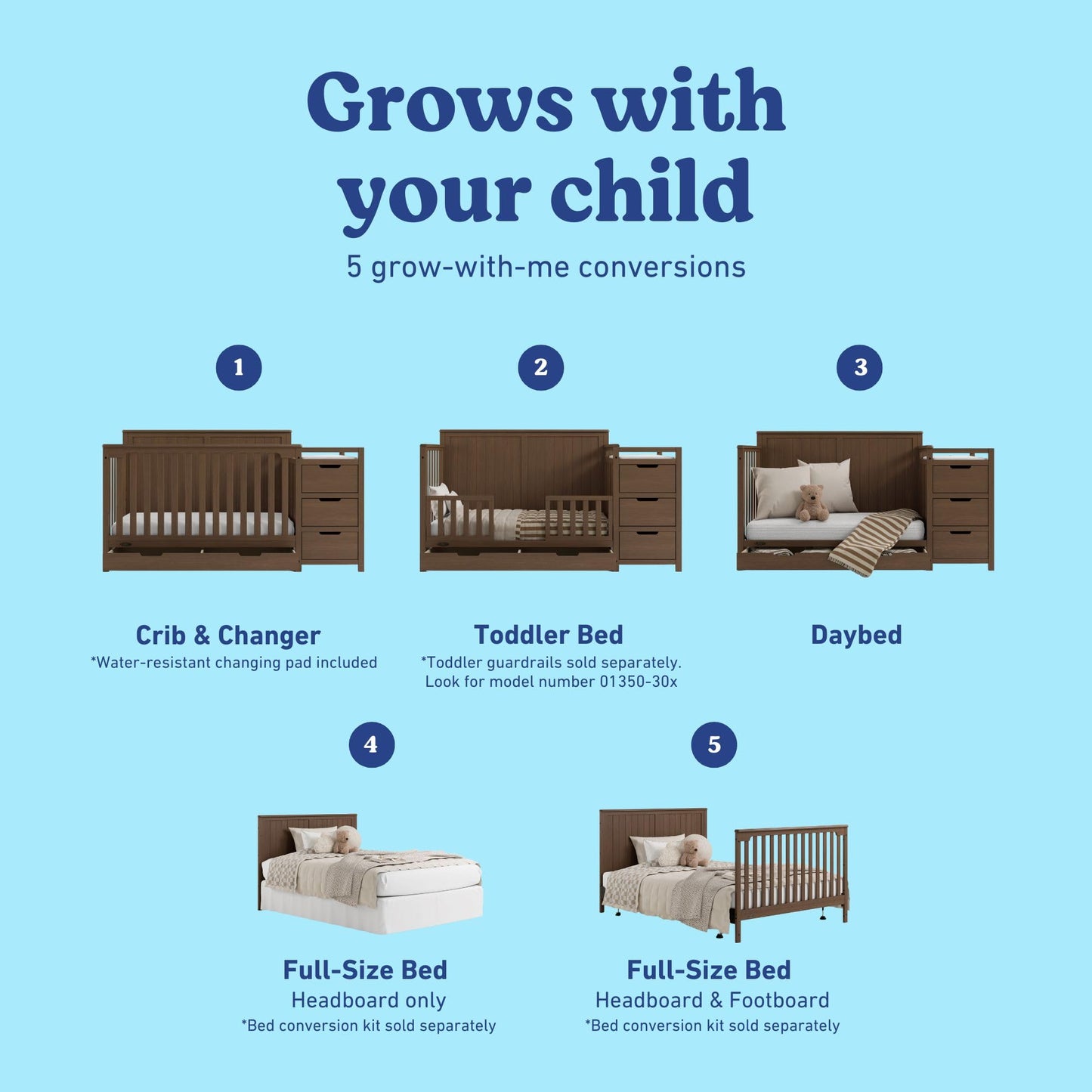 Graco Hadley 5-in-1 Convertible Crib & Changer – GREENGUARD Gold Certified, Fits Standard Crib Mattress, Converts to Toddler Bed and Full Bed, 4 Adjustable Mattress Heights (Hazelnut)