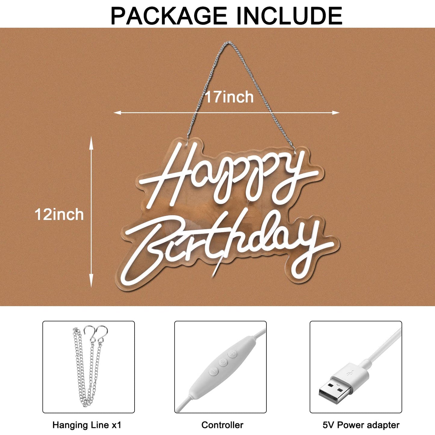 Happy Birthday Neon Sign for Wall Decor, with Dimmable Switch, Reusable Neon Light Sign for All Party Decoration(17X12inches,White)