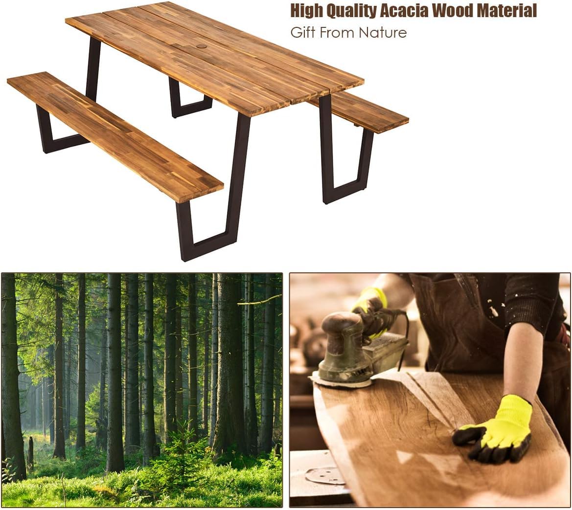LDAILY Acacia Wood Picnic Table with Umbrella Hole, 70’’ x 30’’ Outdoor Picnic Tables with Benches for 6-8 Persons, 1600 LBS Max Load, Metal Frame & 2" Umbrella Hole, Party, Garden, Yard, Patio, Lawn