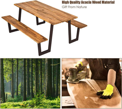 LDAILY Acacia Wood Picnic Table with Umbrella Hole, 70’’ x 30’’ Outdoor Picnic Tables with Benches for 6-8 Persons, 1600 LBS Max Load, Metal Frame & 2" Umbrella Hole, Party, Garden, Yard, Patio, Lawn