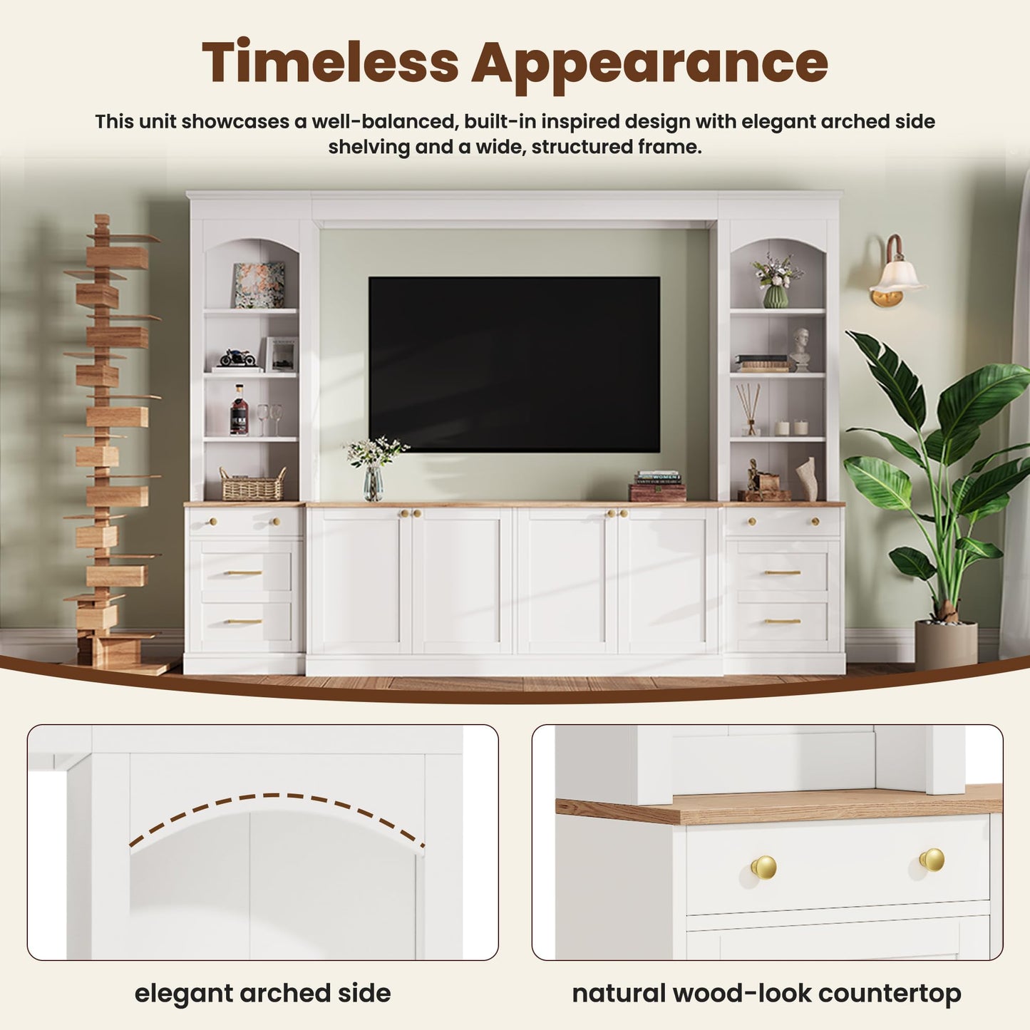 Merax Farmhouse 106-Inch Arched Entertainment Wall Unit Set with Adjustable Shelves, TV Stand for Televisions Up to 70'', Mid-Century Large Media Console with Drawers for Living Room, White