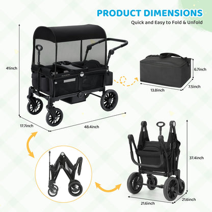 ELEMARA Foldable Wagon Stroller, Stroller Wagon for 2 Kids, Premium All Terrain Wagon for Kids with Removable Canopy, Adjustable Push/Pull Handle, Harnesses, Large Storage Bag, Black