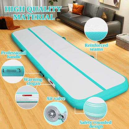 Gymnastics Mats, Air Mat Tumble Track 20FT 8 Inch Thickness Inflatable Training with Carry Bag Electric Pump For Home Use, Cheerleading, Yoga, Water Exercise (Green)