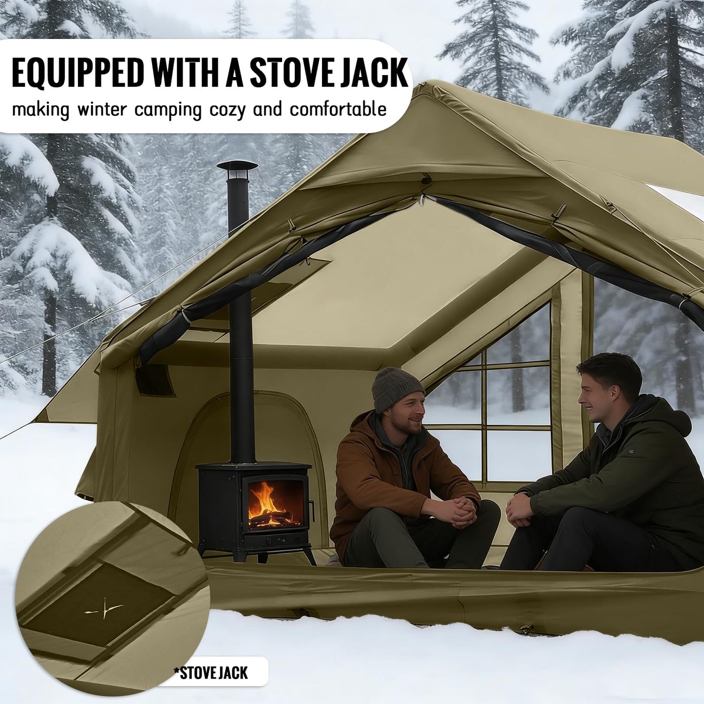 AORZCOR Inflatable Camping Tent with Stove Jack, 2-4 Person, Glamping Tents House, Easy Setup Tent for 4 Seasons, Waterproof Inflatable Hot Tent (Green)