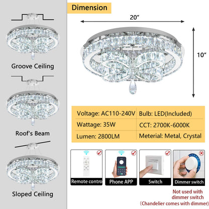 dolria Modern Crystal Chandelier LED 2-Tier Flush Mount Ceiling Lighting Dimmable Pendant Light for Living Room Bedroom Dining Room Entryway Hallway