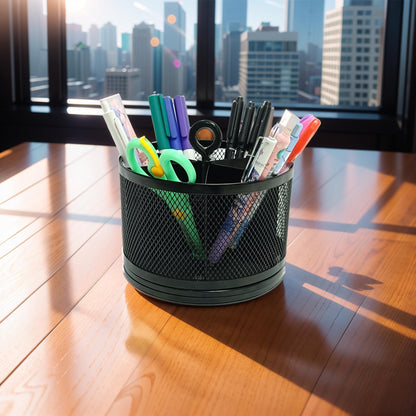 SETTFRFE Rotating Pen Holder for Desk,6-Compartment Metal Pen Container with Handle, Multi-Functional Desk Organizer for Office Supplies, Art Tools &Makeup Brushes, Black (Metal Mesh Style)