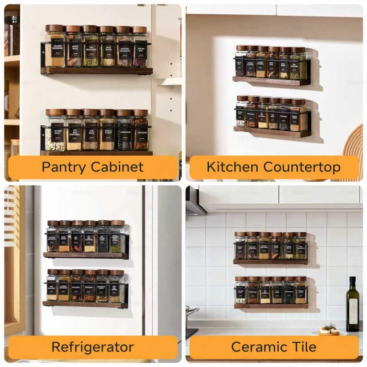 KitHero 4-Tier Wall Mount Spice Rack Organizer with 24 Glass Jars, 216 Labels & Funnel - Screw/Adhesive Mount, Black Metal & Wood Spice Storage for Kitchen Pantry Cabinet, 11.6”L x 2.4”W x 3.2”H