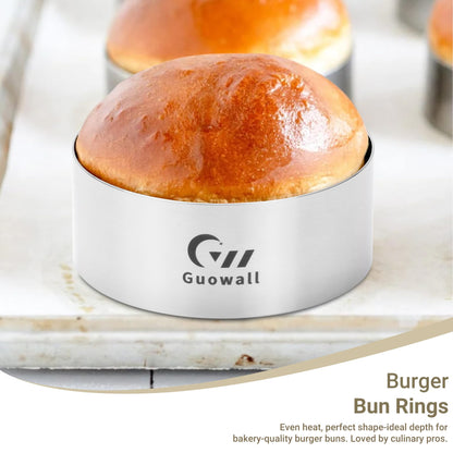 Guowall 6pcs Hamburger Bun Ring Mold, Seamless Thickened 4 inch Nonstick Crumpet Rings Stainless Steel Burger Mould, Cake Rings for Fried Eggs, Pancakes and Cookie for Baking