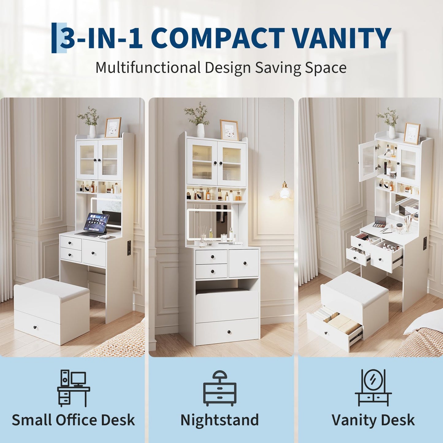 GarveeHome 3-in-1 Vanity Desk with LED Mirror & Chair – Tall Makeup Vanity Set with 2 AC Outlets & USB-c Port – Storage Drawers with Acrylic Doors, Jewelry Organizer & Nightstand Function