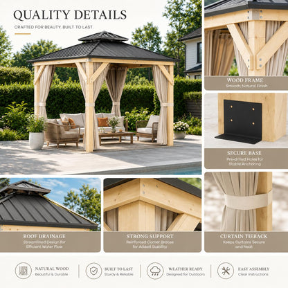 10x10 FT Hardtop Gazebo Outdoor Wooden Pavilion with Cedar Wood Frame Double Galvanized Steel Roof Netting and Curtains Heavy Duty Weather Resistant Patio Shelter for Garden Backyard Khaki