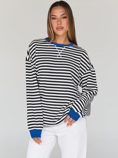 Trendy Queen Oversized Sweatshirt for Women 2025 Fall Crewneck Striped Long Sleeve Shirts Hoodies Cute Top Y2K Outfits