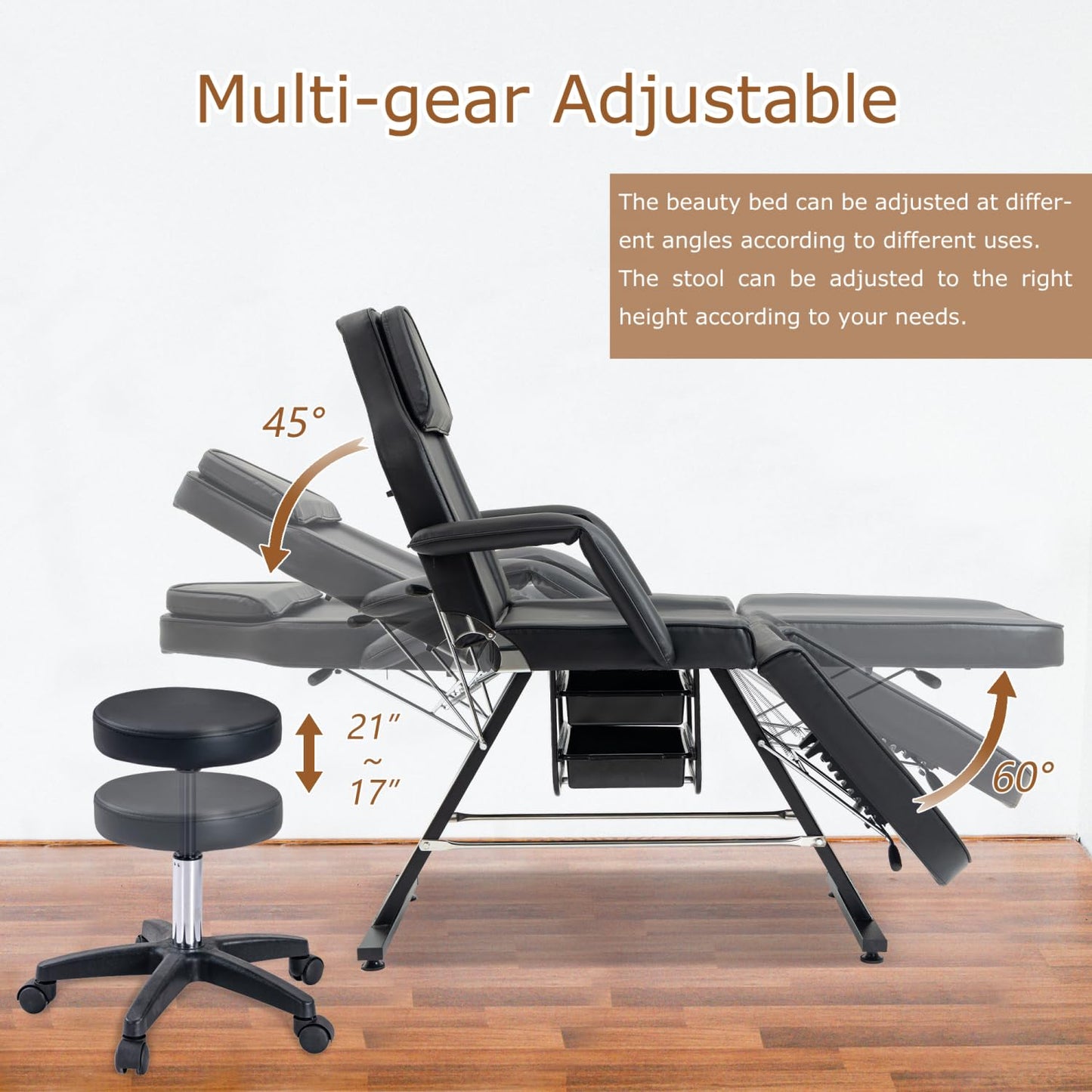 Geelife Massage Salon Tattoo Chair with Hydraulic Stool, Multi-Purpose 3-Section Facial Bed Table, Adjustable Beauty Barber Spa Equipment, Black