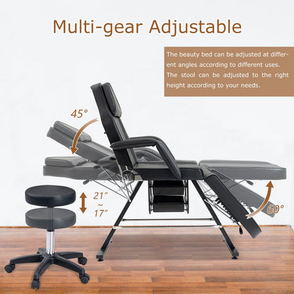 Geelife Massage Salon Tattoo Chair with Hydraulic Stool, Multi-Purpose 3-Section Facial Bed Table, Adjustable Beauty Barber Spa Equipment, Black