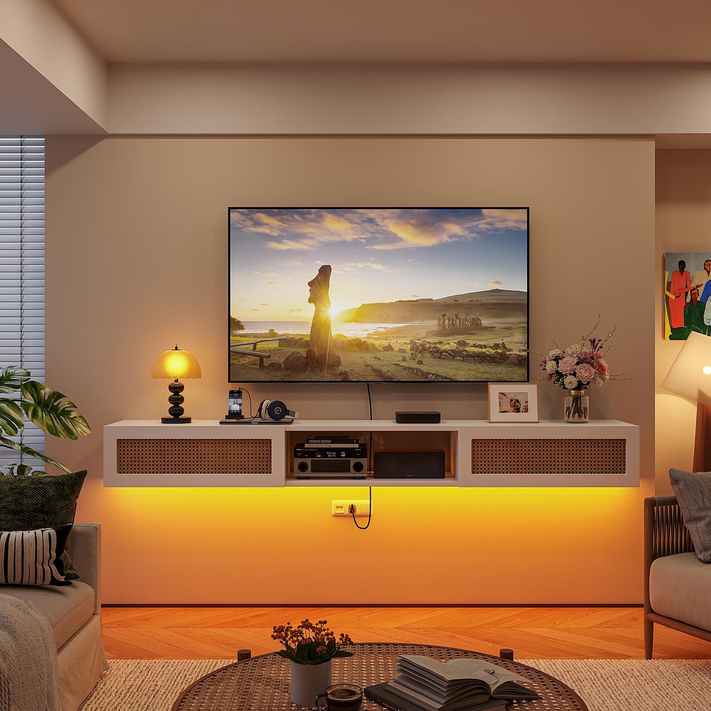 FurniNova 70" Floating TV Stand with Rattan Doors,Boho Wall Mounted Media Console Entertainment Center with 3 Cabinets,White