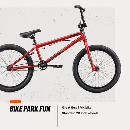 Mongoose Legion L10 Kids Freestyle Sidewalk BMX Bike, Beginner Riders, Boys and Girls, 20-inch Wheels, Hi-Ten Steel Frame, Micro Drive 25x9T BMX Gearing, Red
