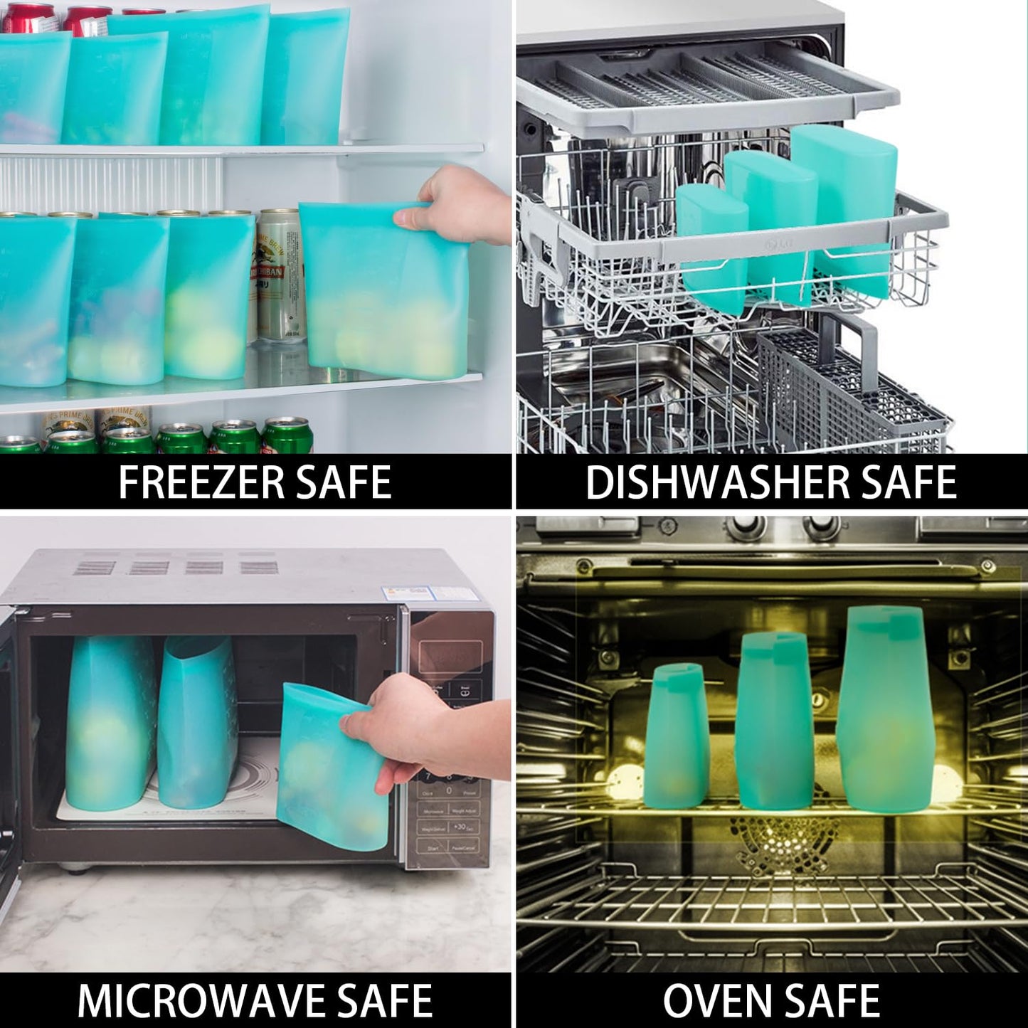 Annaklin Reusable Food Bags, 12 Pack 100% Silicone Food Storage Bags Stand Up Zip Lock Container, Freezer Microwave Oven Dishwasher Safe, 4 Medium 4 Small 4 Extra Small, Aqua