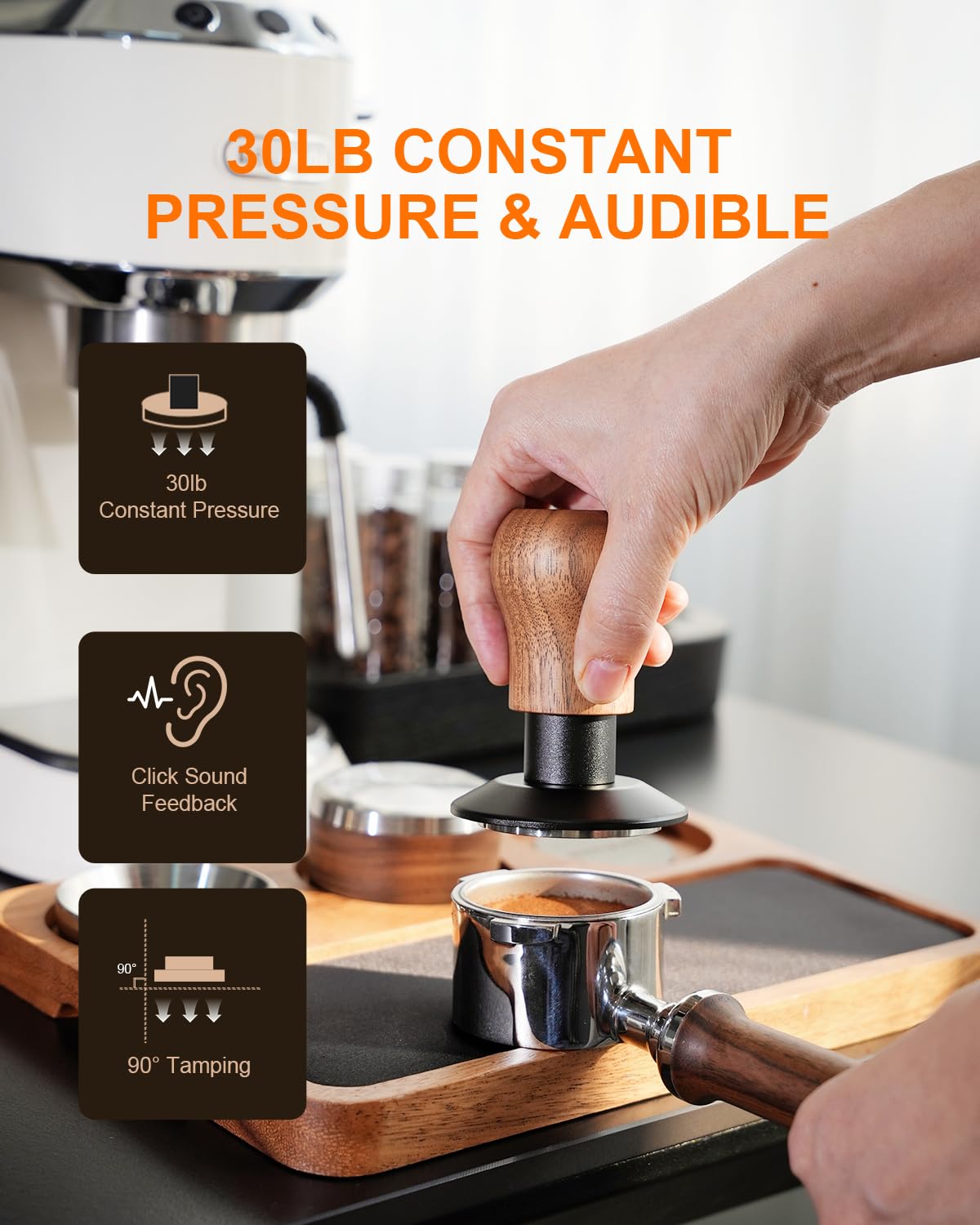 KOFIKOFI Coffee Tamper 53.3mm - 3 Spring Loaded Espresso Tamper with 30lbs Calibrated Springs and Sound Feedback - Barista Walnut Tamper With Stainless Steel Ripple Base - Fits 54mm Portafilter