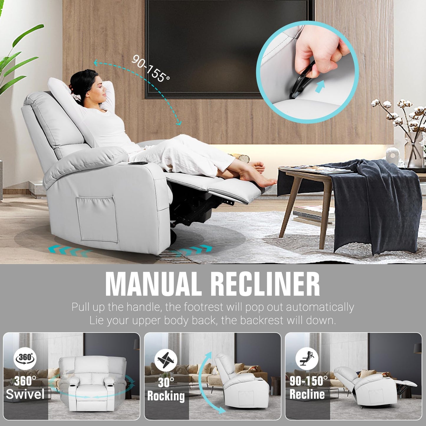 LAFWELL Rocking Recliner Chair, Massage Rocker Recliner Chair with Vibration Massage and Heat, 360° Swivel Recliner Chairs, Living Room, Bedroom, Nursery, RV, Grey