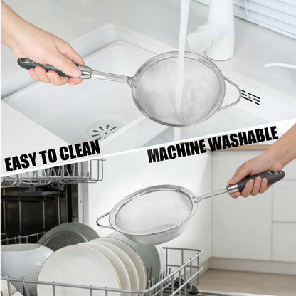 Stainless Steel Fine Mesh Strainer Set (3 Sizes 12/14/18cm, 40 Mesh) – 304 Food Grade, For Pasta, Rice, Flour & Tea – Reinforced Handle, Hook Rest, Heat-Safe Grip, Dishwasher Safe