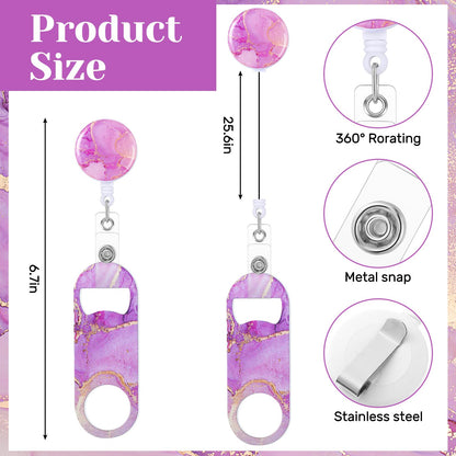 Irenare 6 Pcs Flat Bottle Openers Retractable Bar Keys for Bartenders Stainless Steel Beer Bottle Opener with Belt Clip and Round Badge Reel Bartender Gifts for Women Men(Marble Style)