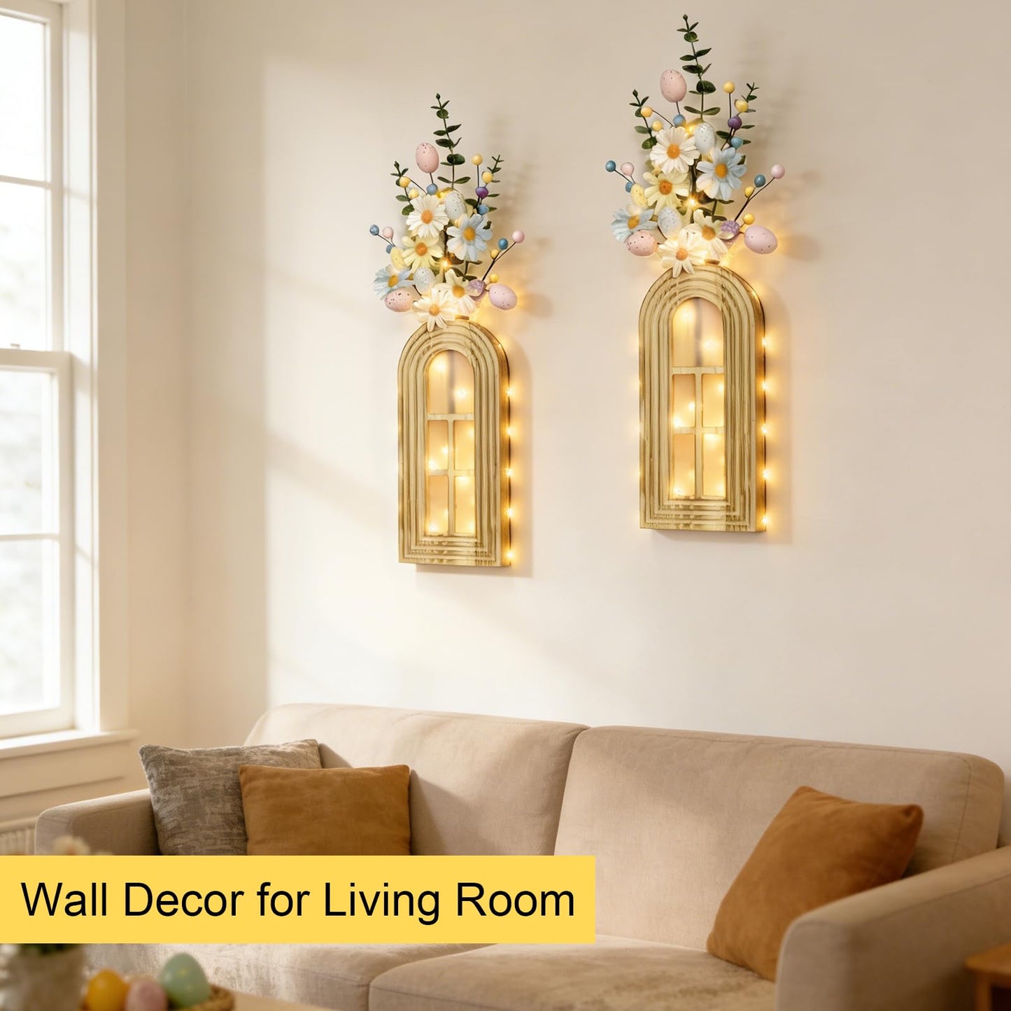 HOMECOR Easter Wall Decor Set of 2 - Boho & Modern Farmhouse Hanging Wooden Vase with Fairy Lights & Artificial Plants, Spring Wall Art for Living Room, Bedroom, Bathroom, Mothers Day Home Decor Gift