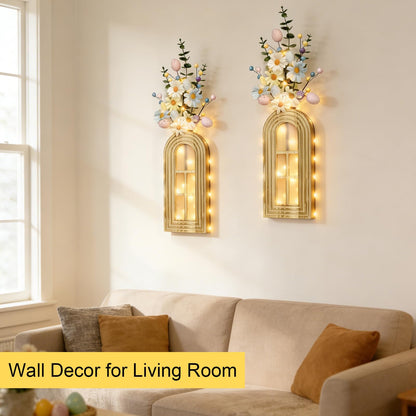 HOMECOR Easter Wall Decor Set of 2 - Boho & Modern Farmhouse Hanging Wooden Vase with Fairy Lights & Artificial Plants, Spring Wall Art for Living Room, Bedroom, Bathroom, Mothers Day Home Decor Gift