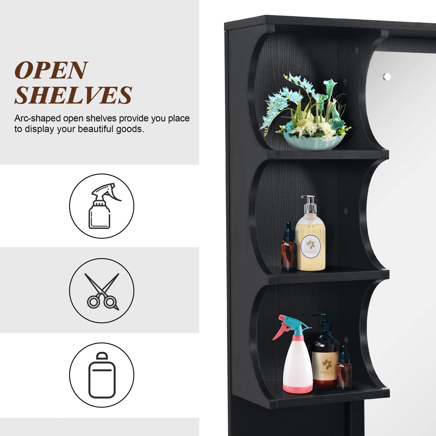 BarberPub Backwash Shampoo Bowl Cabinet, Wall Mount Station with Mirror, Storage Cabinet with Drawers & Shelf Salon Equipment 3141 (Black)