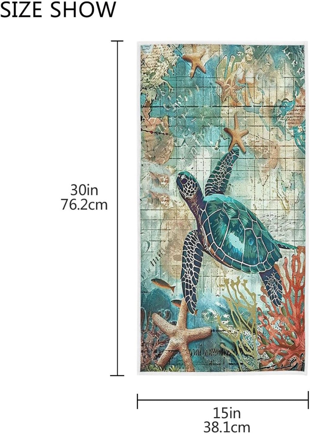 Pfrewn Sea Turtle Starfish Retro Map Hand Towels, 16x30 in Fish Scale Thin Bathroom Towel, Ultra Soft