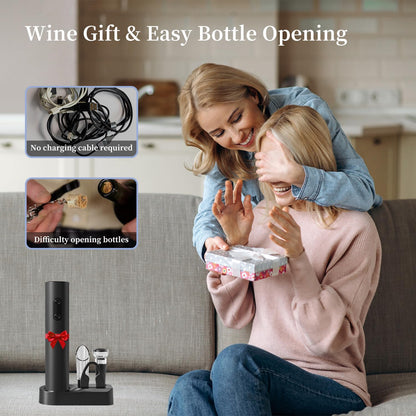 Electric Wine Opener Set, Battery Operated Corkscrew with Storage Base, Automatic Wine Opener for Home Bars (Black)