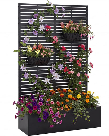 Metal Planter Box with Trellis, 71" H x 44" W x 16" D, Outdoor Raised Garden Bed with Privacy Screen & Drainage Holes, All-Weather Patio Planter for Climbing Plants, Vegetable, Vines, Louvered