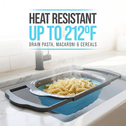 Comfify XL Large Kitchen Strainer - Collapsible Silicone Over - The-Sink Colander with Extendable Handles - Use with Pasta, Fruit, Berries & Veggie - 6 Quart - Blue