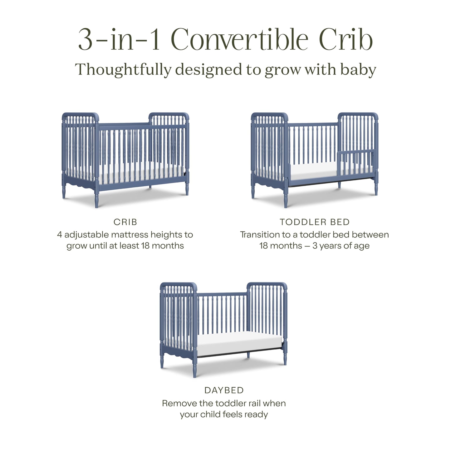 Namesake Liberty 3-in-1 Convertible Baby Crib - Greengurad Gold Certified - Wooden Convertible Baby Crib to Toddler Bed, Daybed - Durable & Easy to Assemble, 4 Adjustable Mattress Heights - Cove Blue