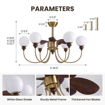CROSSIO Luxury Mid Century Gold Fandelier 36" Large Ceiling Fans with Lights and Remote Control 6 Speeds 6 Lights Vintage Globe Chandelier Fan for Living Room Dining Room