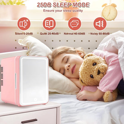 Mini Fridge for Bedroom, Skincare Fridge with Dimmable LED Light Mirror, 4L Makeup Mini Fridge, Pink
