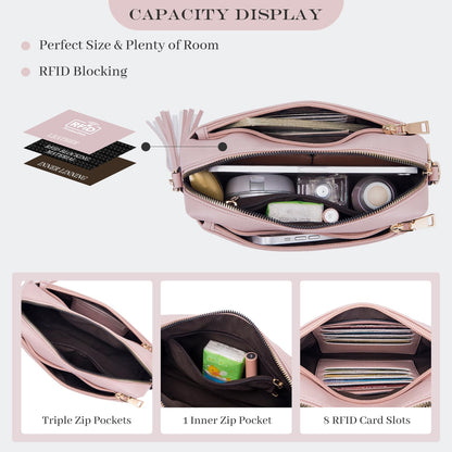 Roulens Triple Zip Small Crossbody Bag for women,Wide Strap Cell Phone Purse Shoulder Handbag Wallet with Credit Card Slots