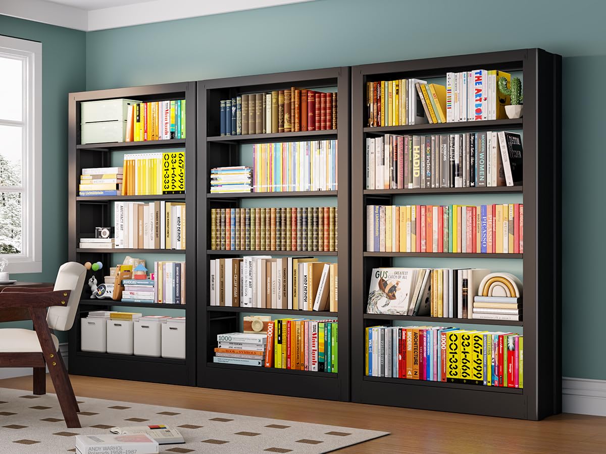 Jazipic 5-Tier Bookcase with Adjustable Storage Shelves, Metal Bookshelf with Book Stopper, Bookcase Shelf for Library, Office, Living Room (Black(1 Column,3 Combination Bookshelves))