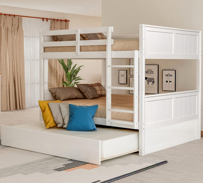 Full Over Full Bunk Bed with Trundle, Wooden Trundle Bed Frame with Ladder Safety Guardrail, Convertible to 2 Platform Beds for Kids Teens, White